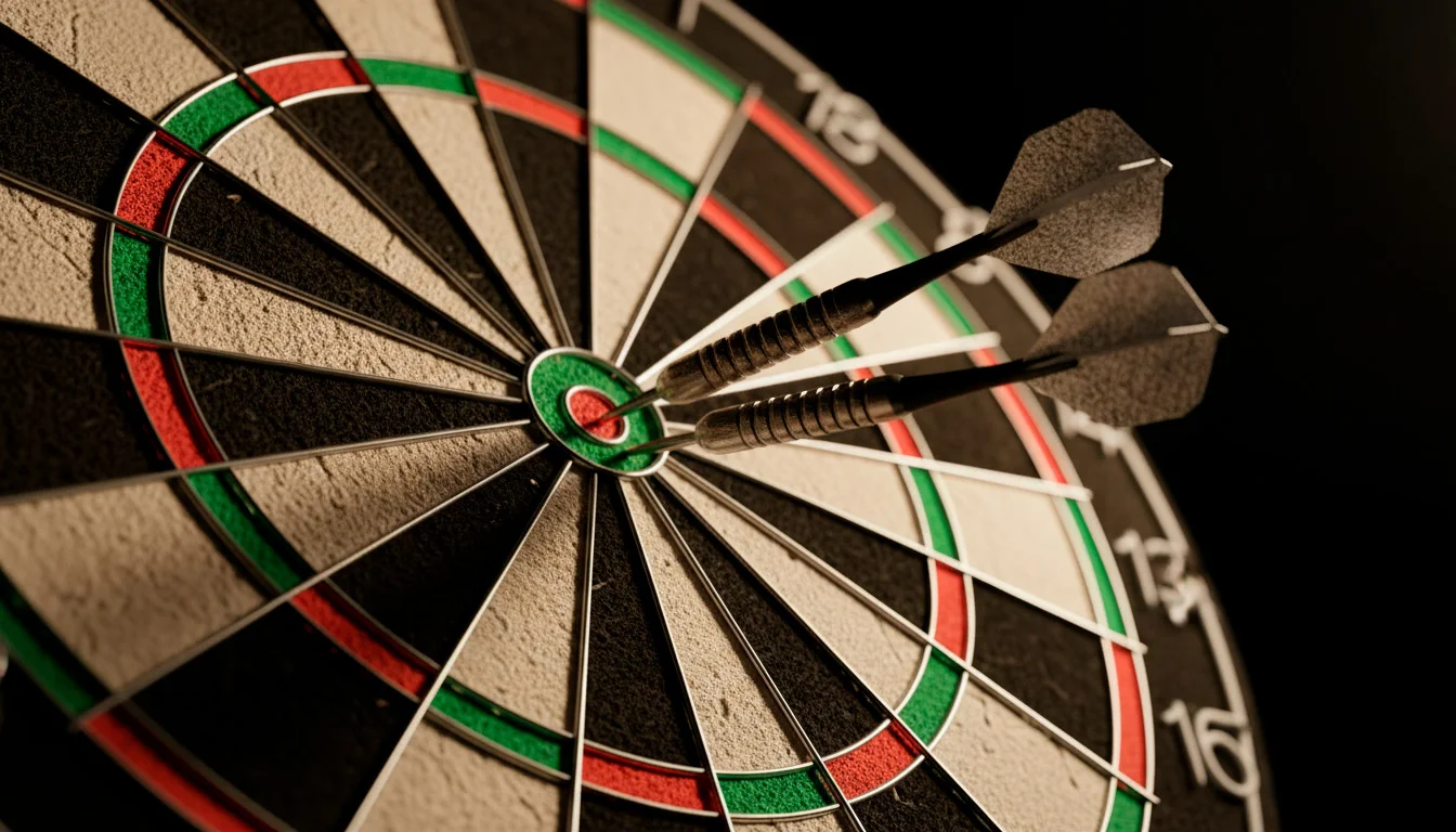 Dartpfeile stecken in der Triple-20 auf einem beleuchteten Dartboard in Nahaufnahme
