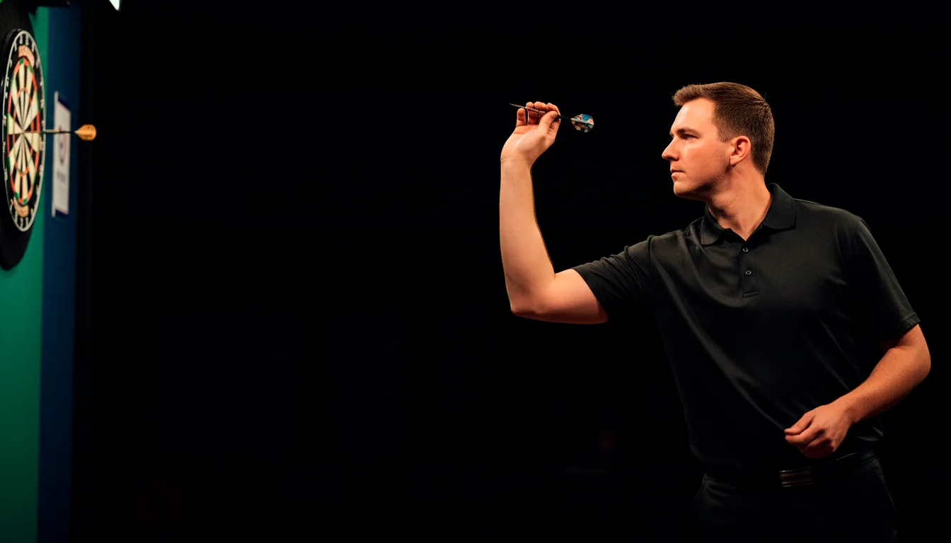 Dartsspieler konzentriert sich vor dem Wurf an der Oche mit Dartboard im Hintergrund