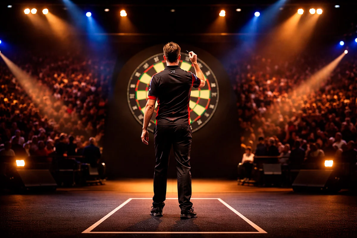 Dartsarena mit Spieler an der Oche und jubelndem Publikum unter Scheinwerferlicht
