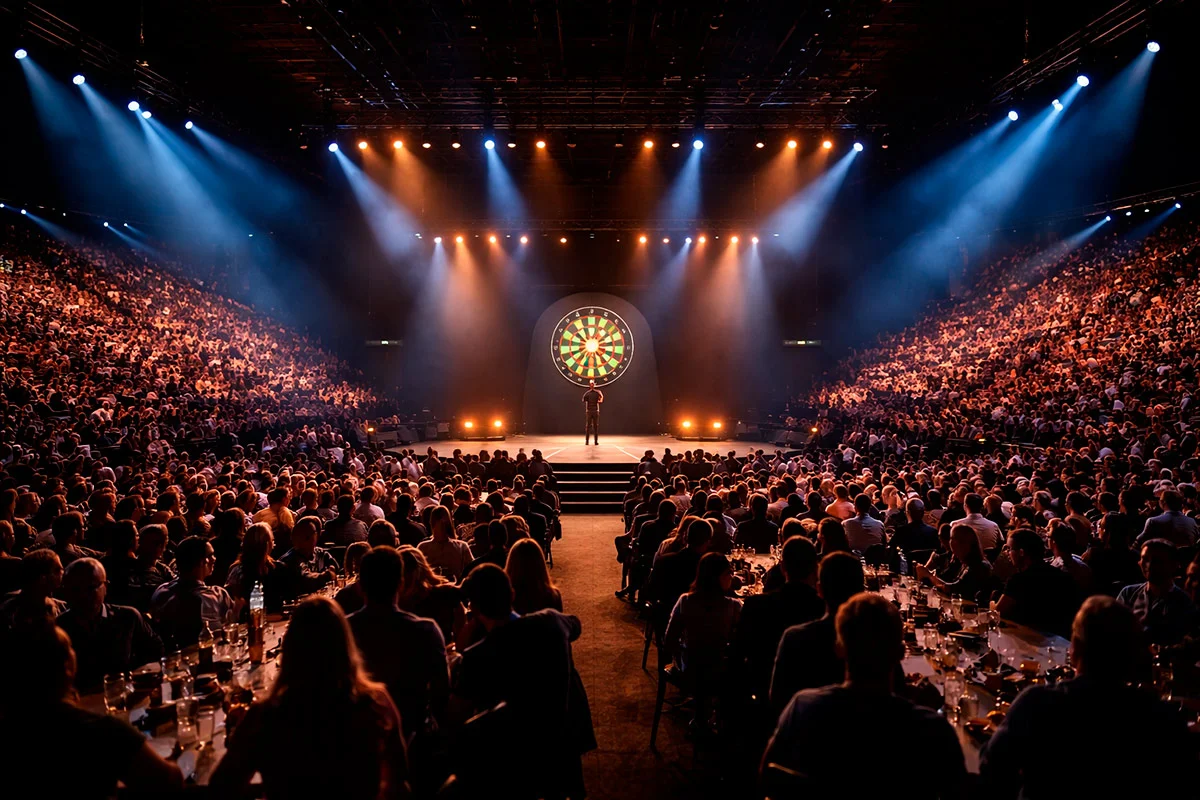 Große Darts-Bühne beim PDC-Turnier mit Bühnenbeleuchtung und Publikum im Alexandra Palace