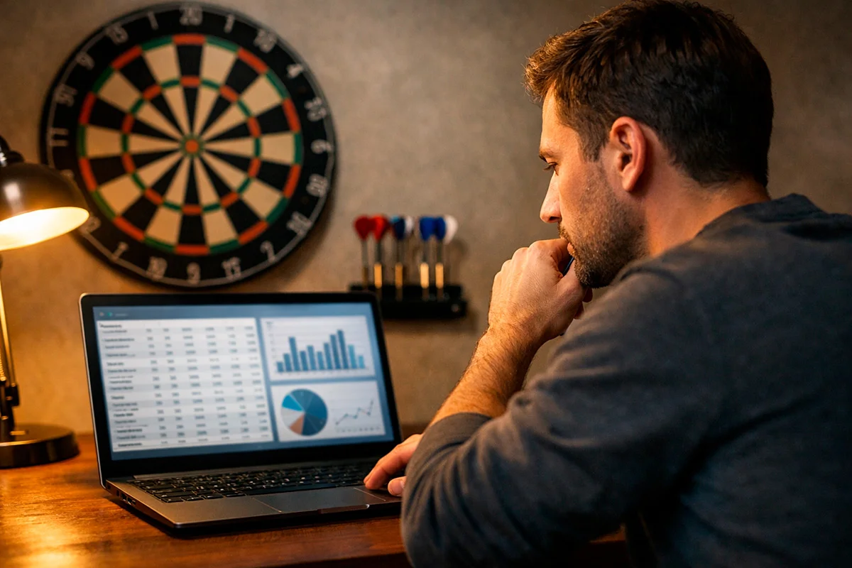 Person analysiert Darts-Statistiken auf einem Laptop neben einem Dartboard an der Wand
