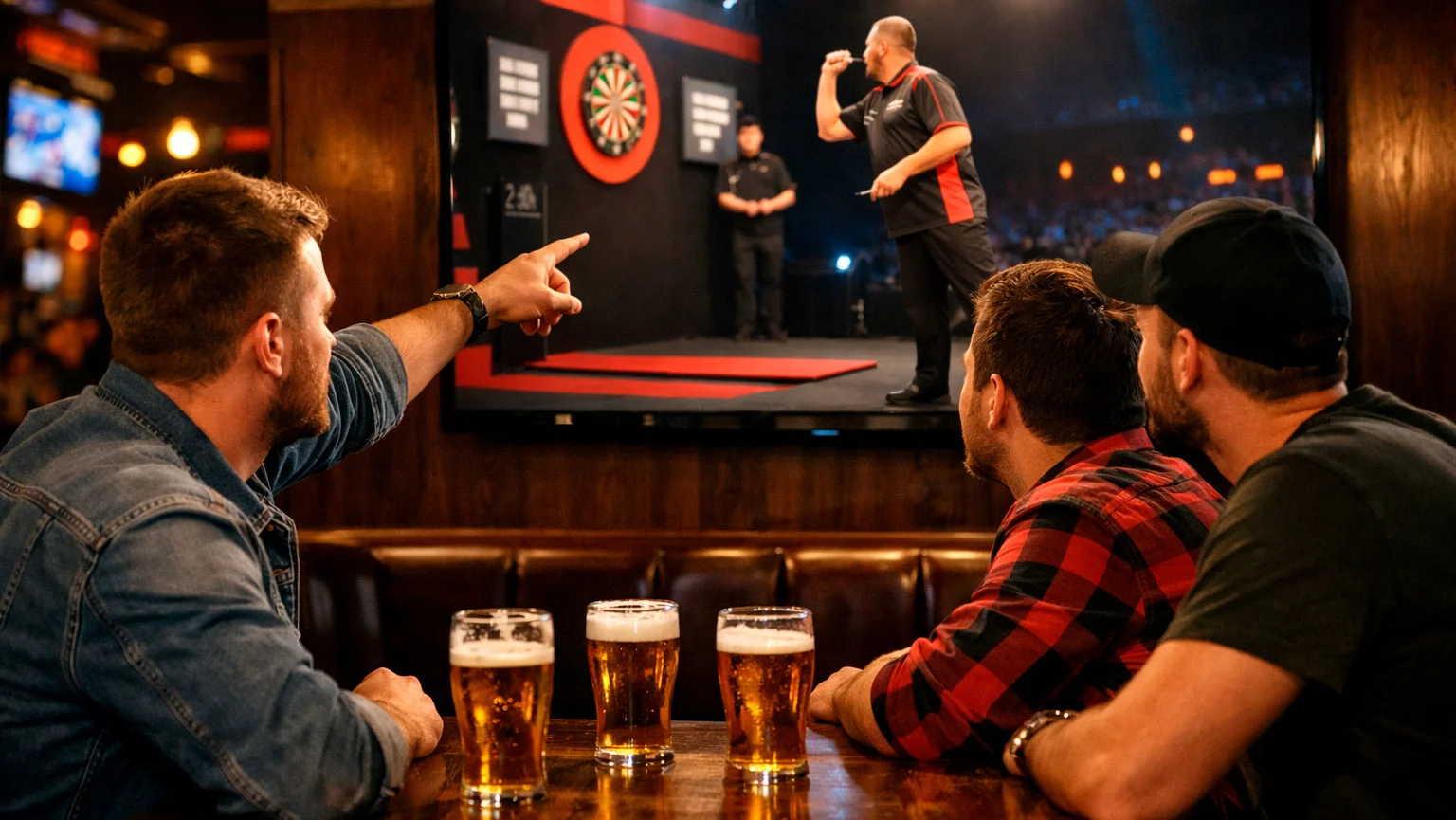 Zuschauer verfolgen ein Darts-Match live auf einem großen Bildschirm in einer Bar