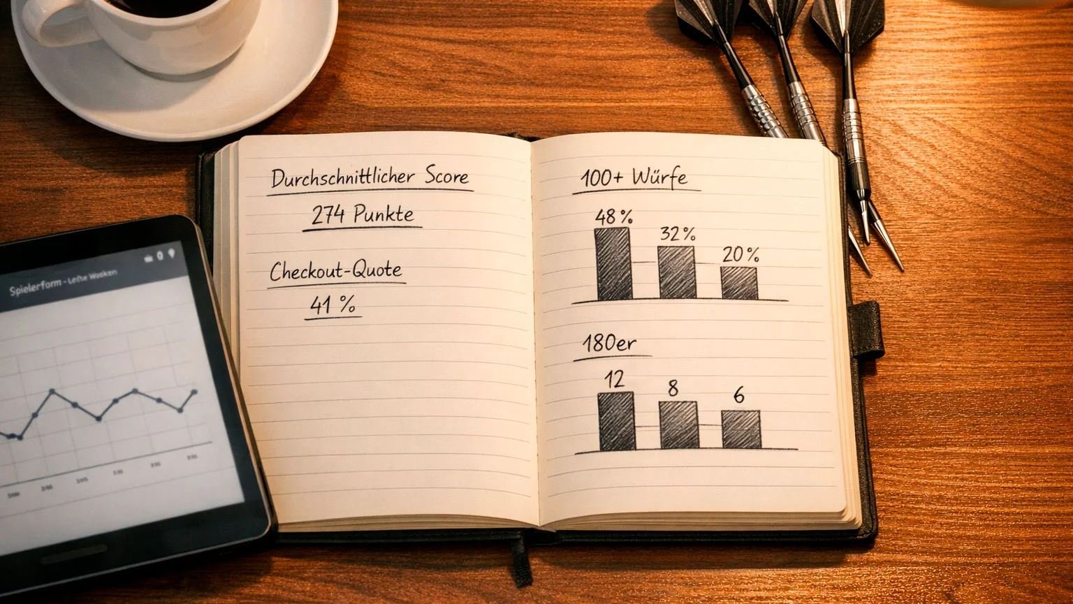 Aufgeschlagenes Notizbuch mit handgeschriebenen Darts-Statistiken und Formanalyse