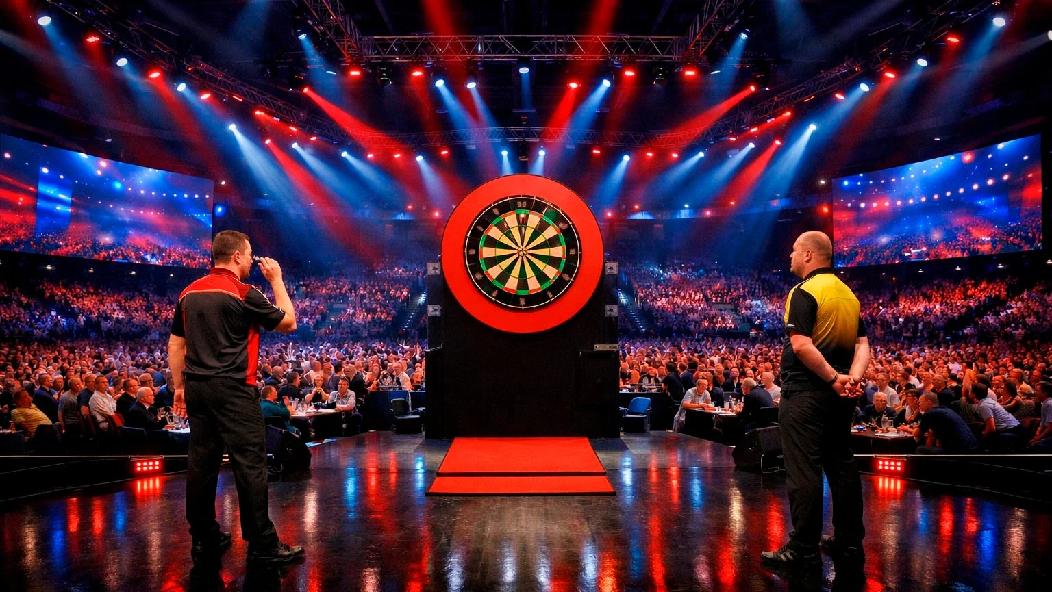 Darts-Bühne im Alexandra Palace während der PDC Weltmeisterschaft mit Publikum